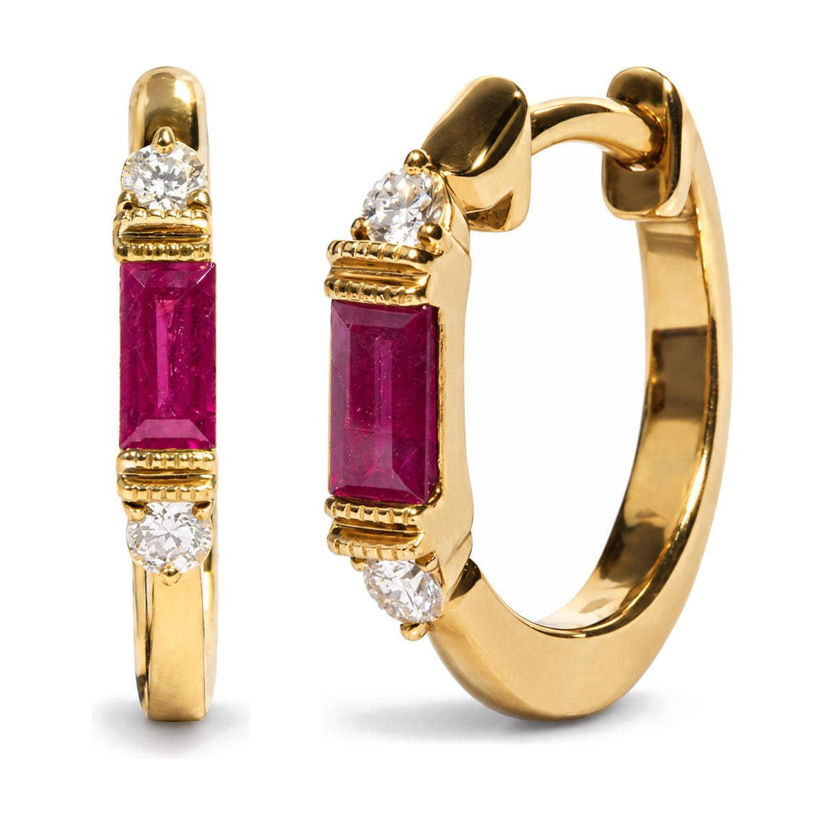 10K Yellow Gold 1/10 Cttw Diamond and Baguette Ruby Huggie Hoop Earrings