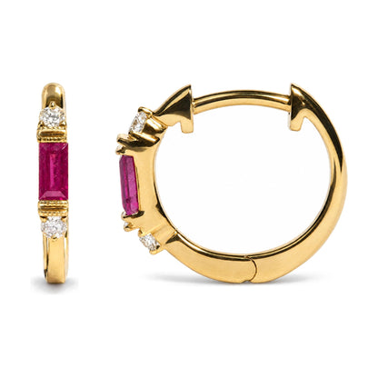 10K Yellow Gold 1/10 Cttw Diamond and Baguette Ruby Huggie Hoop Earrings