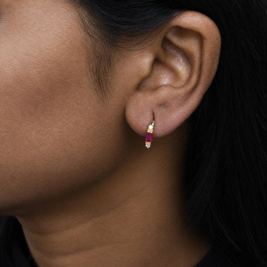 10K Yellow Gold 1/10 Cttw Diamond and Baguette Ruby Huggie Hoop Earrings