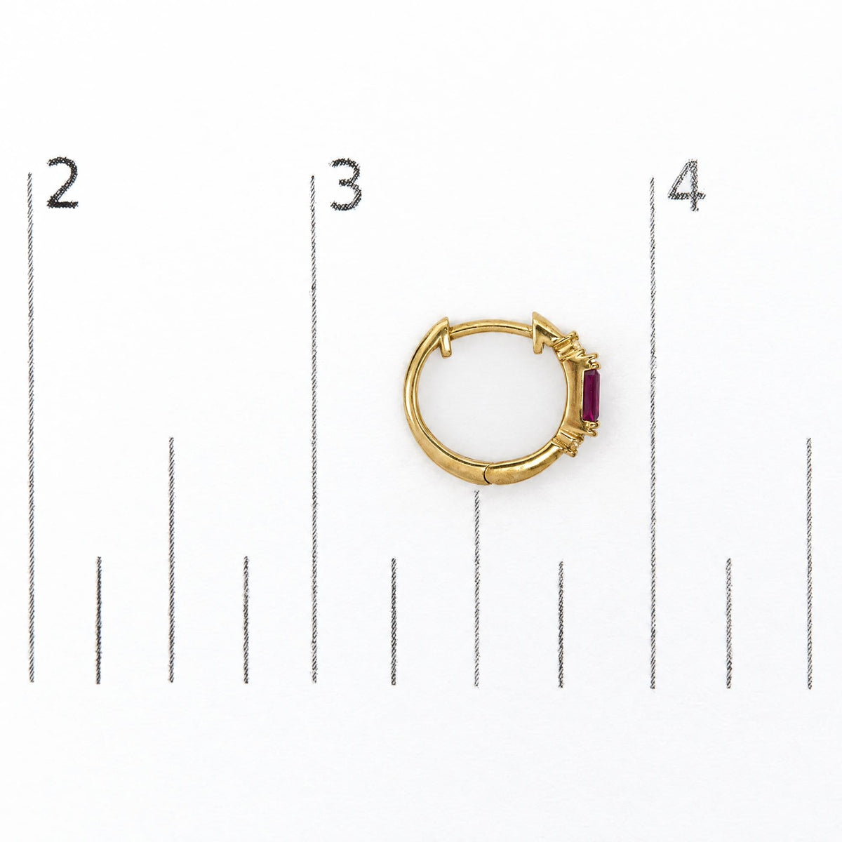 10K Yellow Gold 1/10 Cttw Diamond and Baguette Ruby Huggie Hoop Earrings
