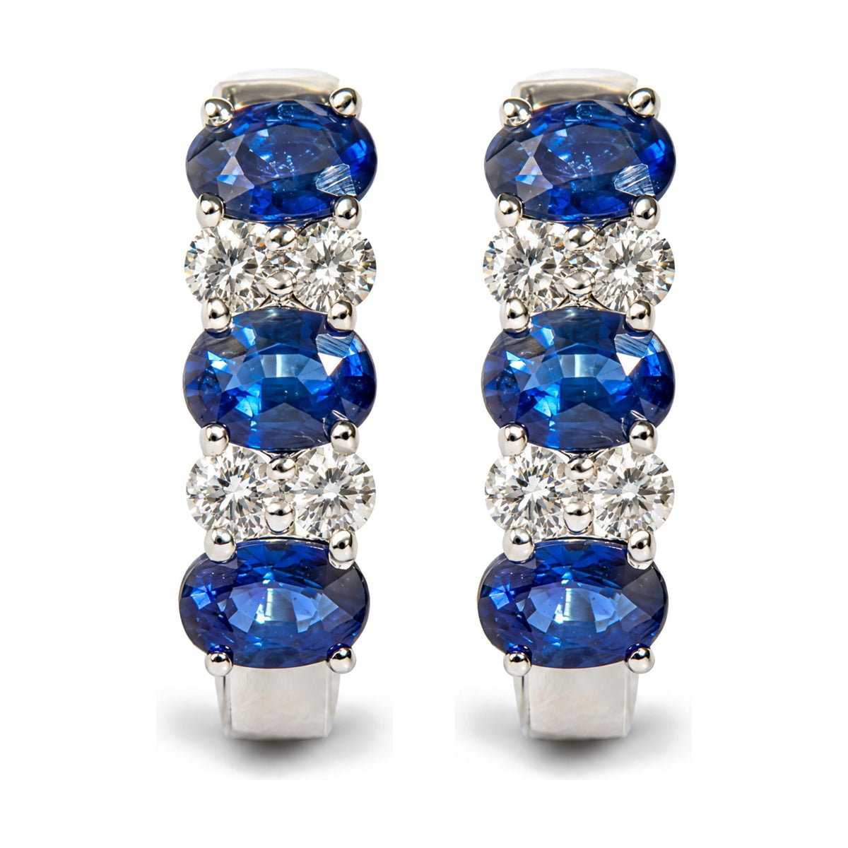 10K White Gold 1/4 Cttw Diamond and Oval Blue Sapphire Alternating Huggie Hoop Earrings