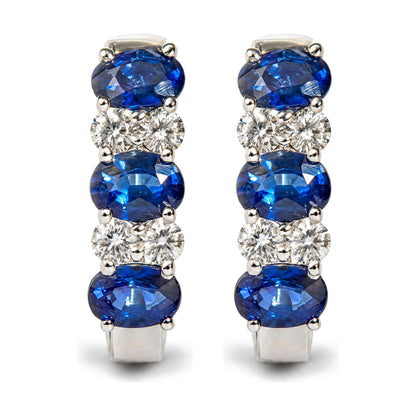 10K White Gold 1/4 Cttw Diamond and Oval Blue Sapphire Alternating Huggie Hoop Earrings