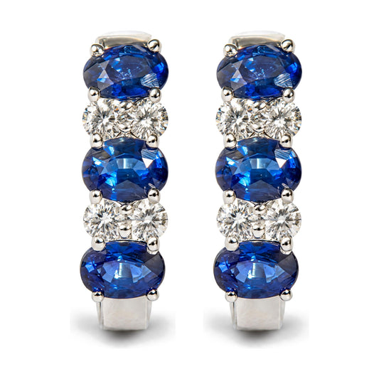 10K White Gold 1/4 Cttw Diamond and Oval Blue Sapphire Alternating Huggie Hoop Earrings