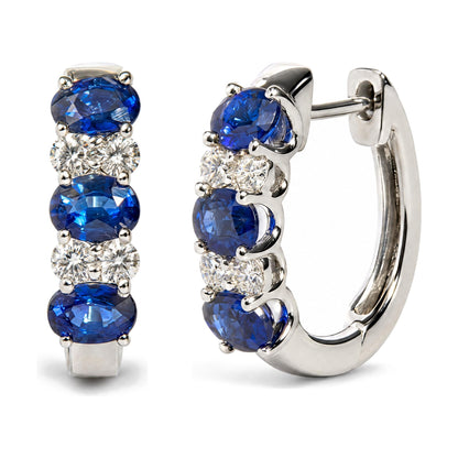 10K White Gold 1/4 Cttw Diamond and Oval Blue Sapphire Alternating Huggie Hoop Earrings