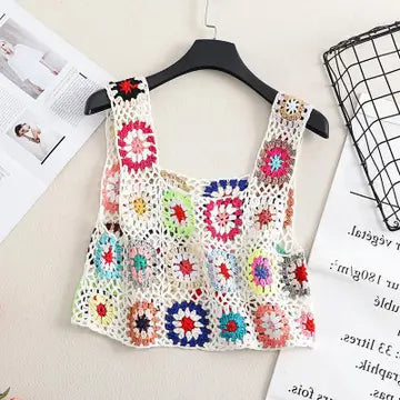 Bohemian Crochet Lace Woven Beach Cover-Up Crop Tank Top