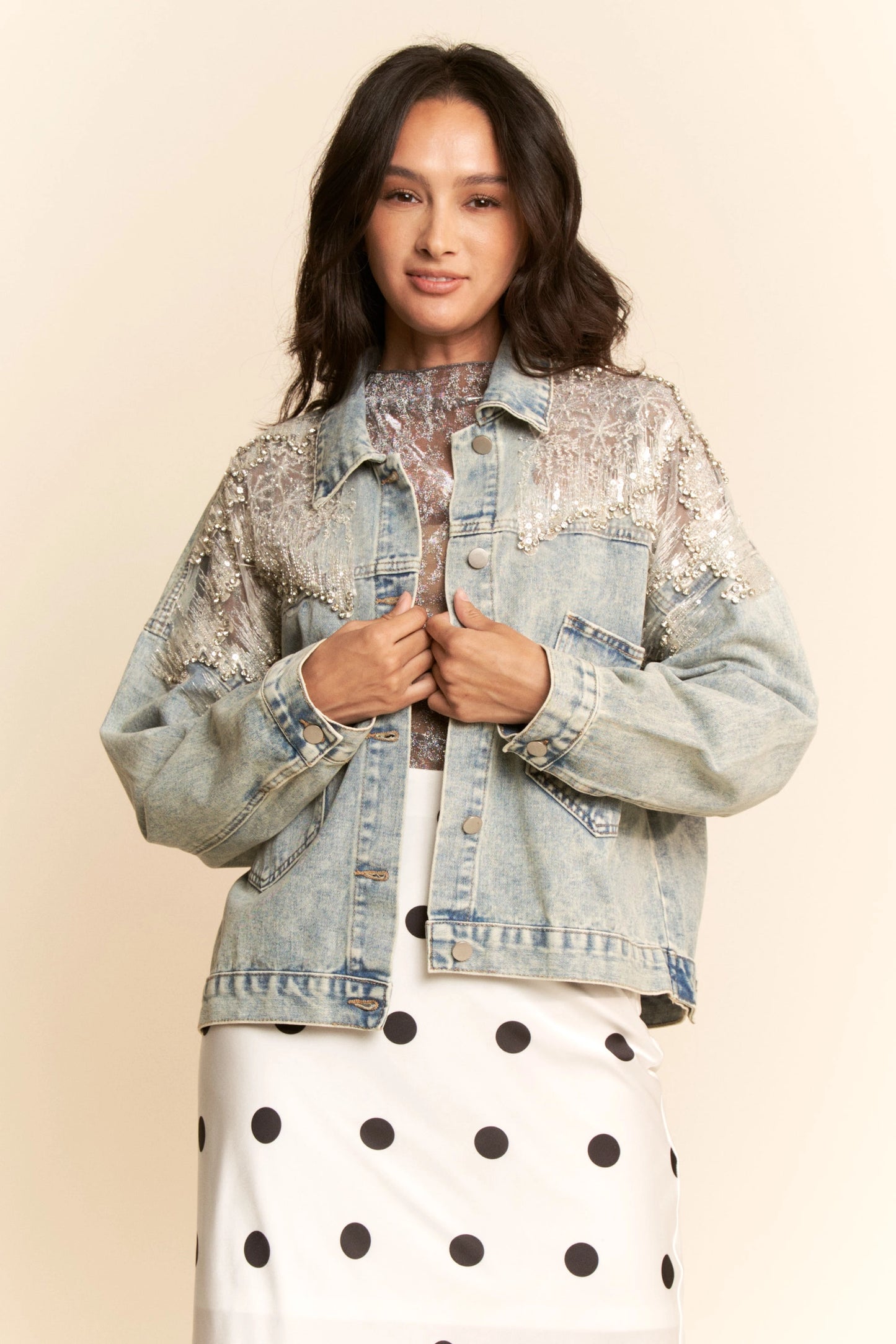 Mesh Stitching Button Down Denim Jacket