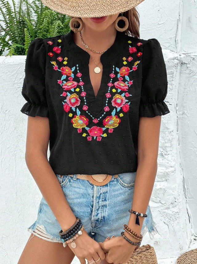 Boho Embroidered Floral Ruffle Top