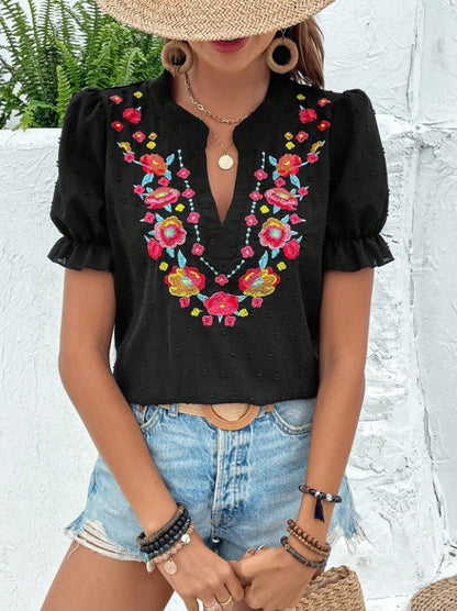 Boho Embroidered Floral Ruffle Top