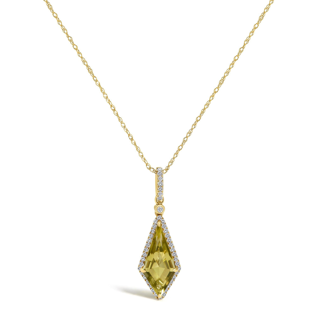 10K Yellow Gold Kite-Shaped Lemon Quartz and 1/5 Cttw Diamond Halo Pendant Necklace