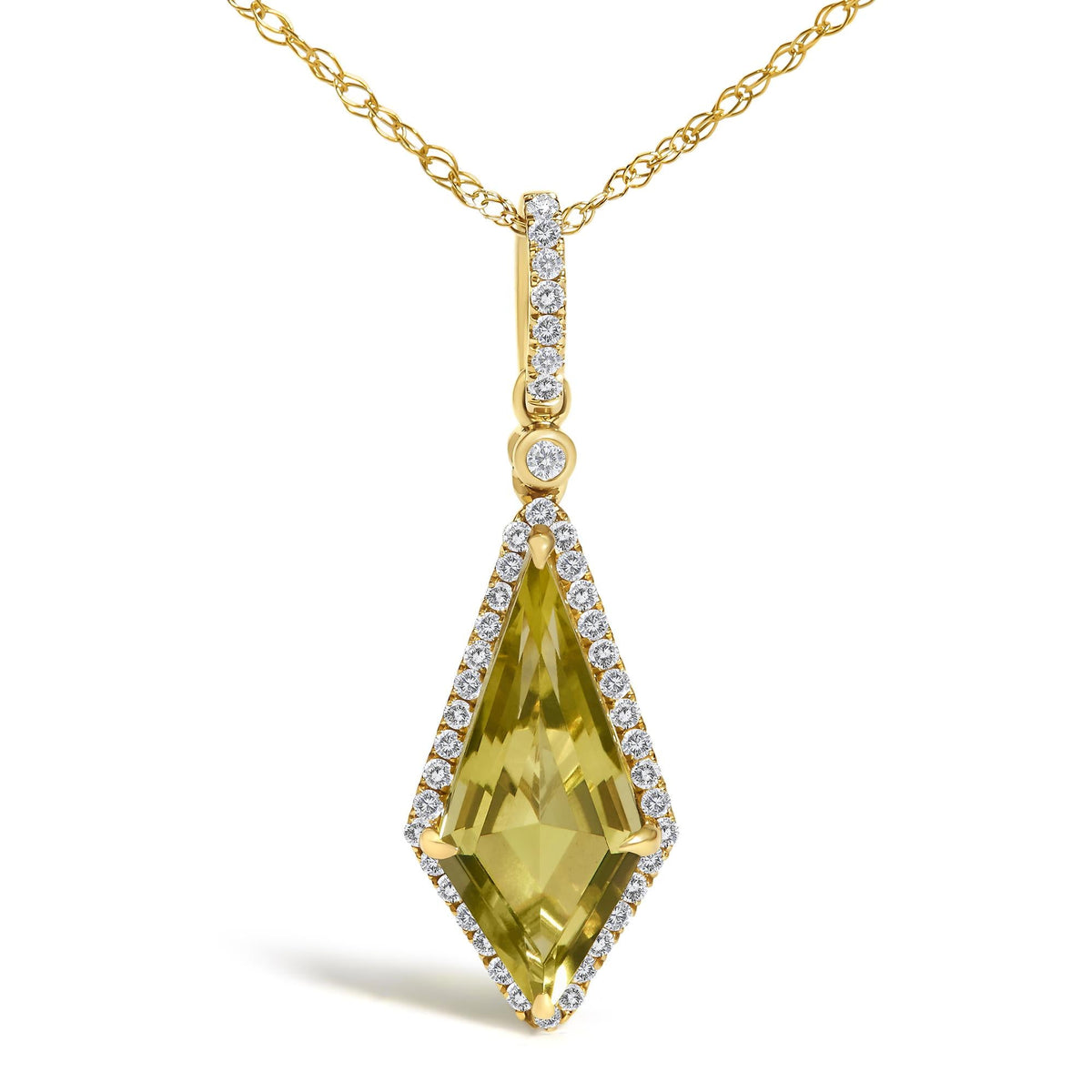 10K Yellow Gold Kite-Shaped Lemon Quartz and 1/5 Cttw Diamond Halo Pendant Necklace
