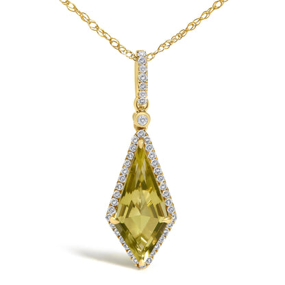10K Yellow Gold Kite-Shaped Lemon Quartz and 1/5 Cttw Diamond Halo Pendant Necklace