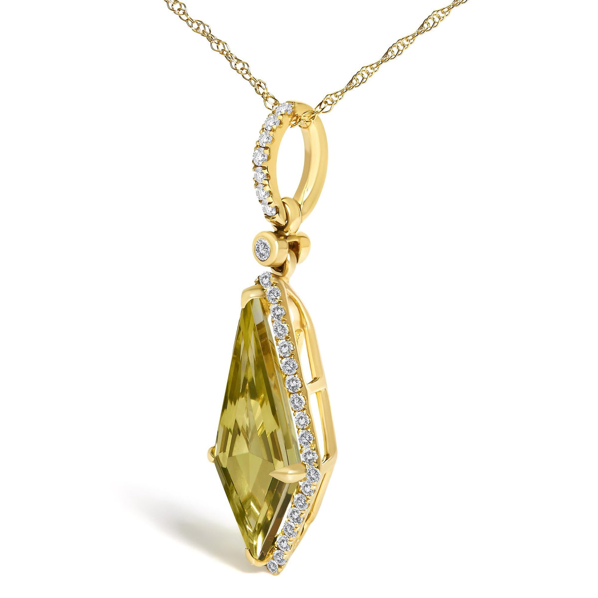 10K Yellow Gold Kite-Shaped Lemon Quartz and 1/5 Cttw Diamond Halo Pendant Necklace