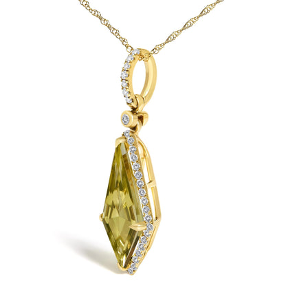 10K Yellow Gold Kite-Shaped Lemon Quartz and 1/5 Cttw Diamond Halo Pendant Necklace