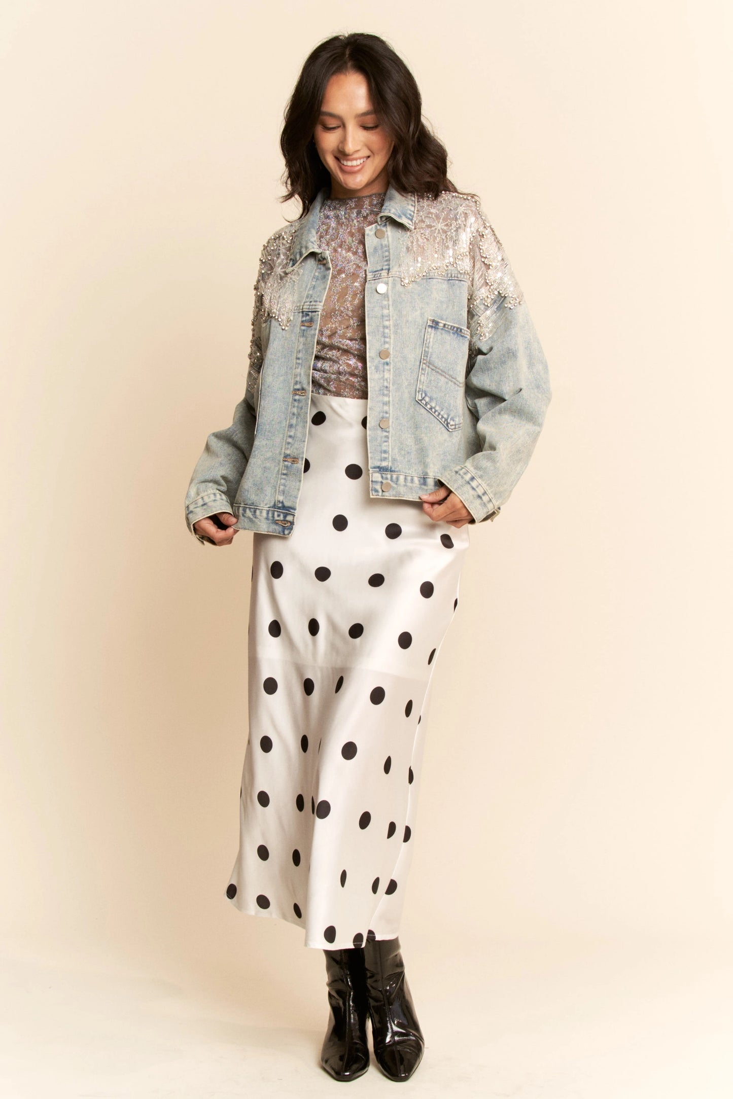 Mesh Stitching Button Down Denim Jacket