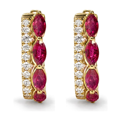 10K Yellow Gold 1/6 Cttw Diamond and Marquise Ruby Double-Row Huggie Hoop Earrings.