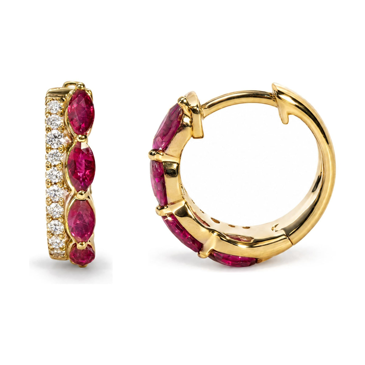 10K Yellow Gold 1/6 Cttw Diamond and Marquise Ruby Double-Row Huggie Hoop Earrings.