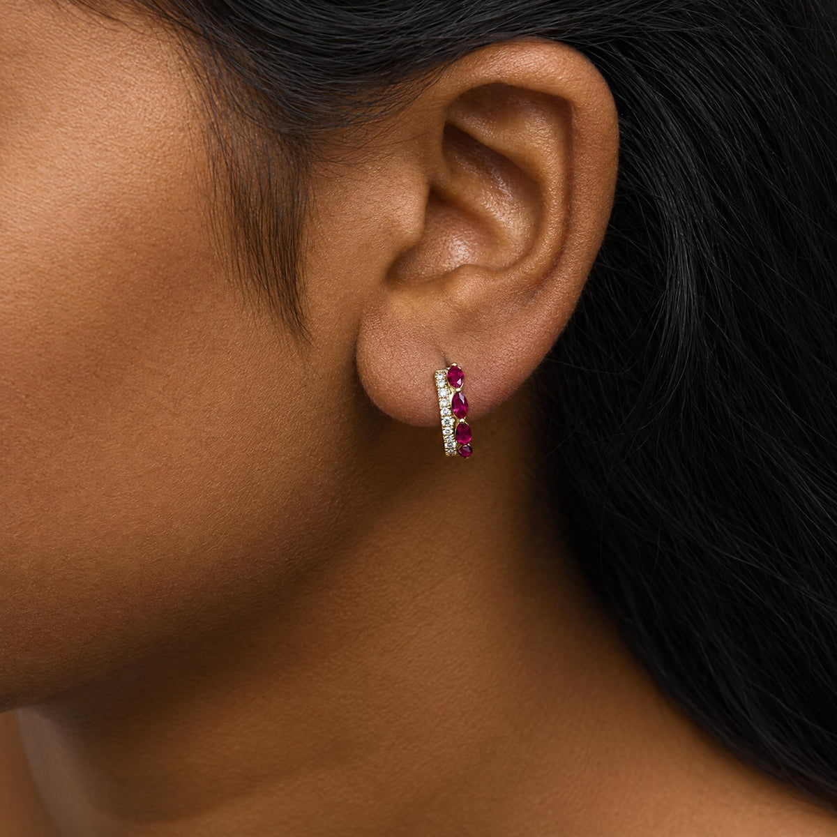 10K Yellow Gold 1/6 Cttw Diamond and Marquise Ruby Double-Row Huggie Hoop Earrings.