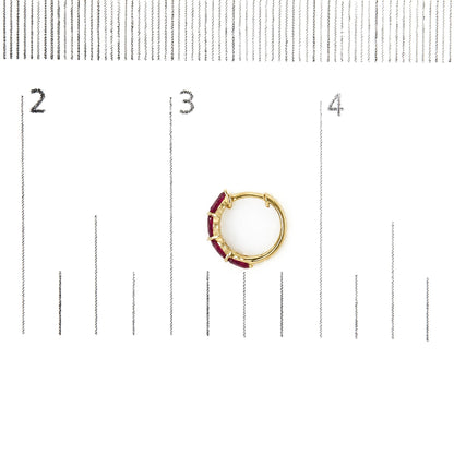 10K Yellow Gold 1/6 Cttw Diamond and Marquise Ruby Double-Row Huggie Hoop Earrings.
