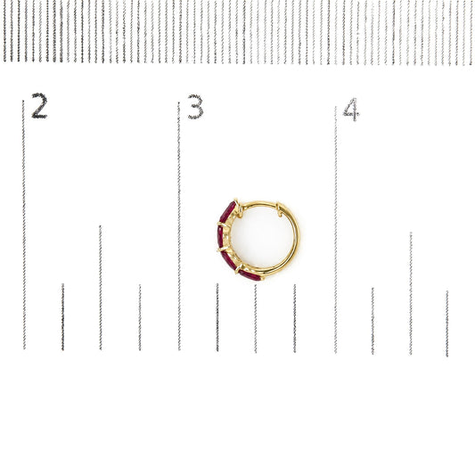10K Yellow Gold 1/6 Cttw Diamond and Marquise Ruby Double-Row Huggie Hoop Earrings.