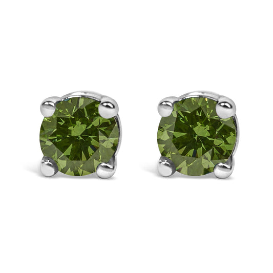 .925 Sterling Silver 1/4 Cttw Round Brilliant-Cut Green Diamond Classic 4-Prong Stud Earrings (Fancy Color-Enhanced, I2-I3 Clarity)