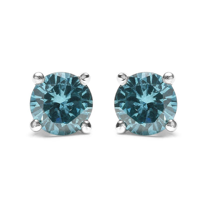 14K Gold 1/2 Cttw Aqua Blue Diamond Screw-Back 4-Prong Classic Stud Earrings (Color Treated, I2-I3)