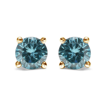 14K Gold 1/2 Cttw Aqua Blue Diamond Screw-Back 4-Prong Classic Stud Earrings (Color Treated, I2-I3)
