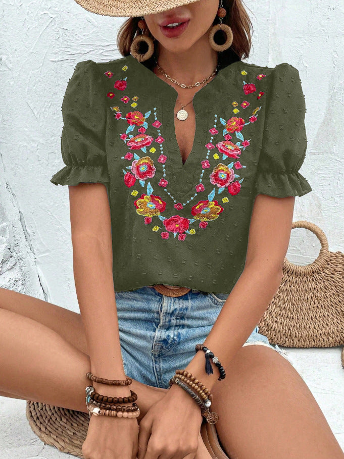 Boho Embroidered Floral Ruffle Top
