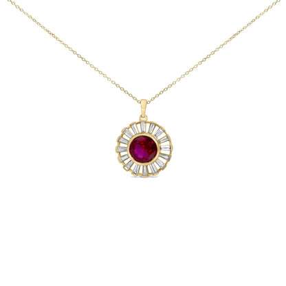 14K Yellow Gold Plated Silver Created Red Ruby and Baguette Diamond Sunburst Medallion Pendant Necklace