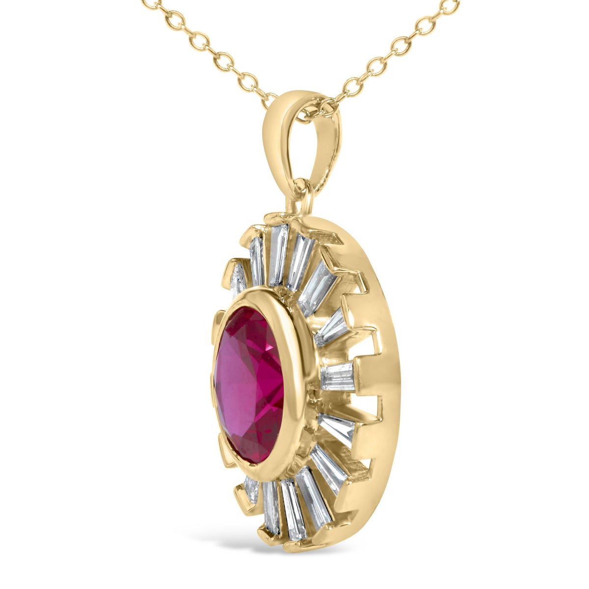 14K Yellow Gold Plated Silver Created Red Ruby and Baguette Diamond Sunburst Medallion Pendant Necklace