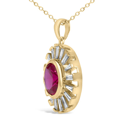 14K Yellow Gold Plated Silver Created Red Ruby and Baguette Diamond Sunburst Medallion Pendant Necklace