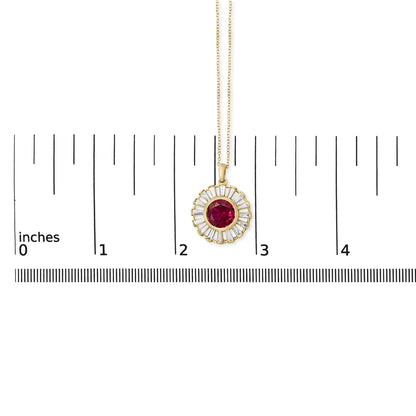 14K Yellow Gold Plated Silver Created Red Ruby and Baguette Diamond Sunburst Medallion Pendant Necklace