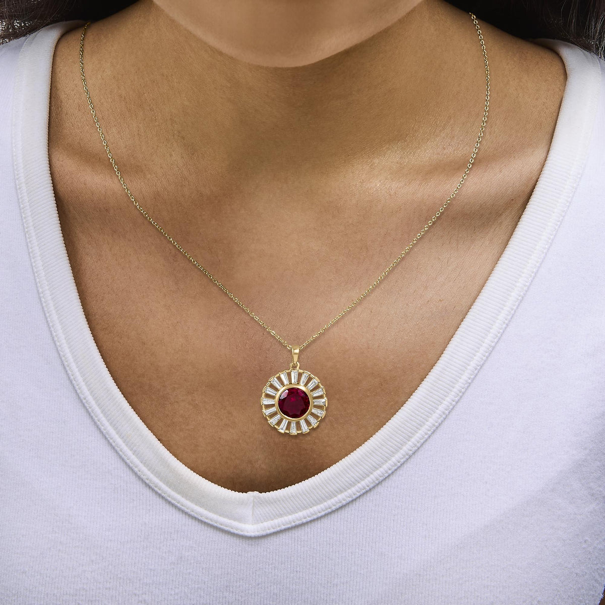 14K Yellow Gold Plated Silver Created Red Ruby and Baguette Diamond Sunburst Medallion Pendant Necklace