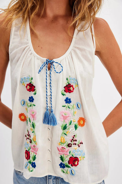 Boho Western Embroidered Floral Tassel Tie-Front Vest
