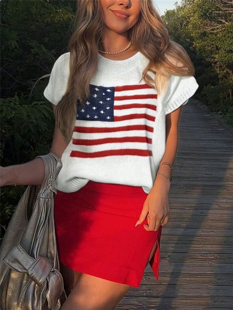 Knitted Cap Sleeve American Flag Top