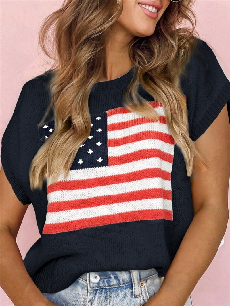 Knitted Cap Sleeve American Flag Top