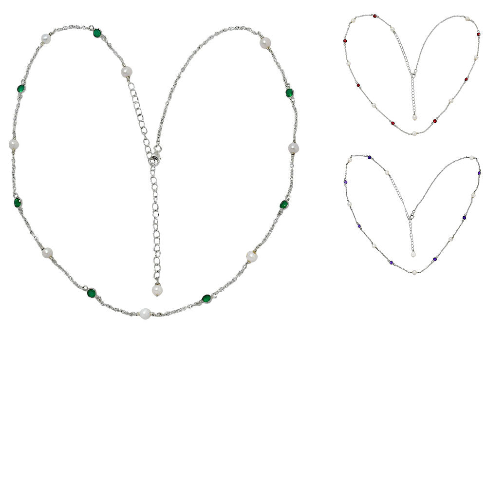 Handcrafted Silver Dainty Pearl Gemstone Chain Necklace for Women AGN1001 N-1029