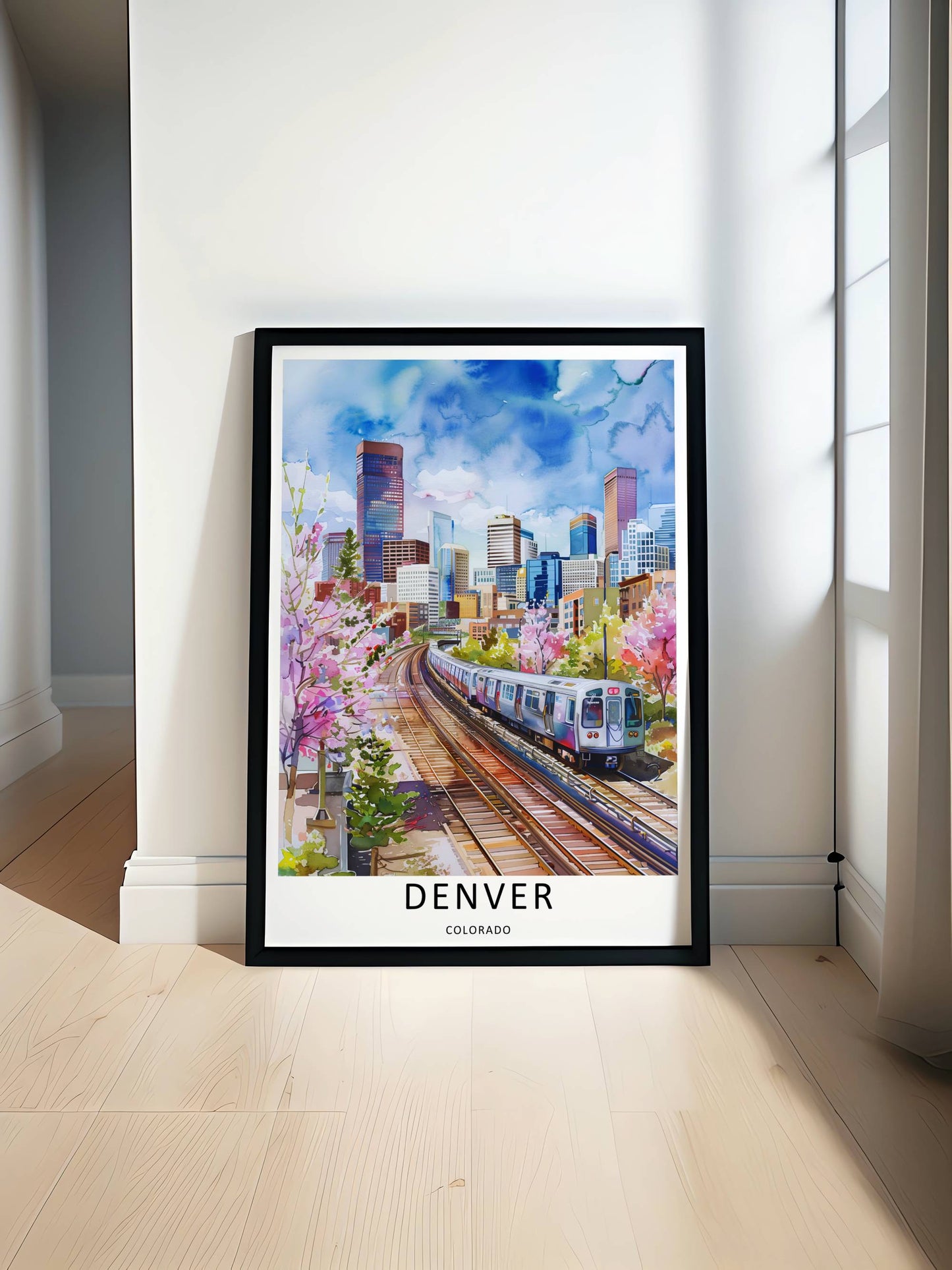 Denver Watercolor Art Print: Transit Skyline Colorado Travel Poster