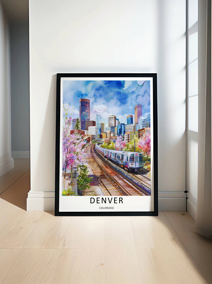 Denver Watercolor Art Print: Transit Skyline Colorado Travel Poster