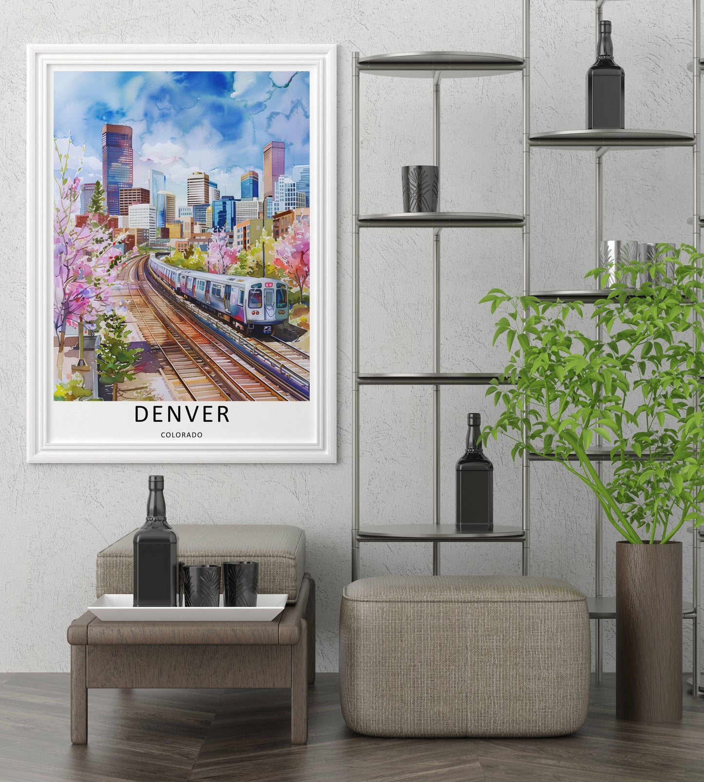 Denver Watercolor Art Print: Transit Skyline Colorado Travel Poster