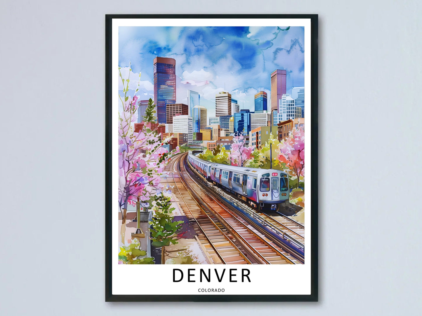 Denver Watercolor Art Print: Transit Skyline Colorado Travel Poster