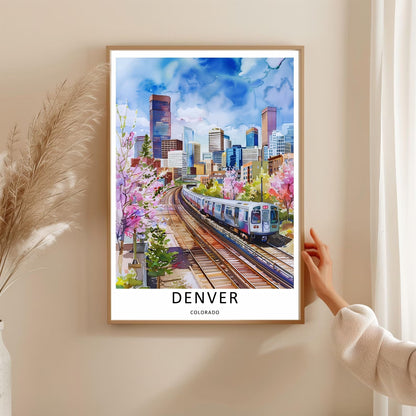 Denver Watercolor Art Print: Transit Skyline Colorado Travel Poster