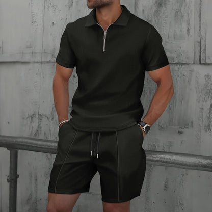 Waffle solid color zip-up lapel short-sleeve suit