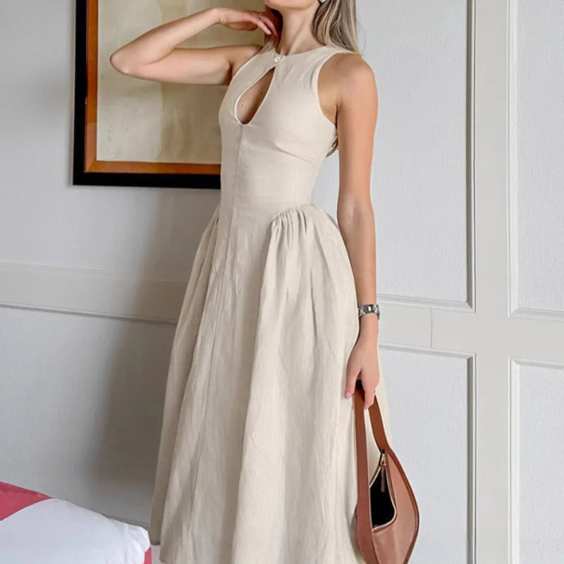 Kaki Color Cotton Linen Summer Dress Hollow out Waist Cinching round Neck Women Design Sensation Midi Skirt Dress