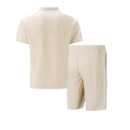 Waffle solid color zip-up lapel short-sleeve suit
