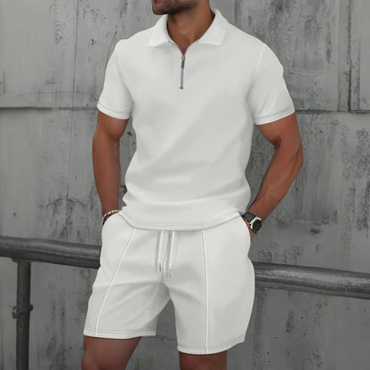 Waffle solid color zip-up lapel short-sleeve suit