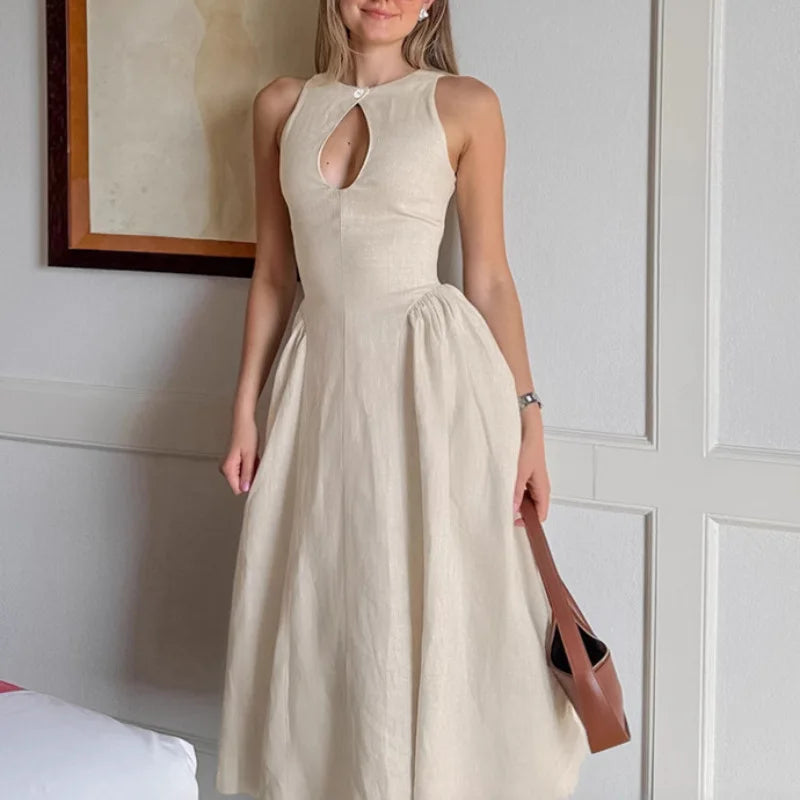 Kaki Color Cotton Linen Summer Dress Hollow out Waist Cinching round Neck Women Design Sensation Midi Skirt Dress