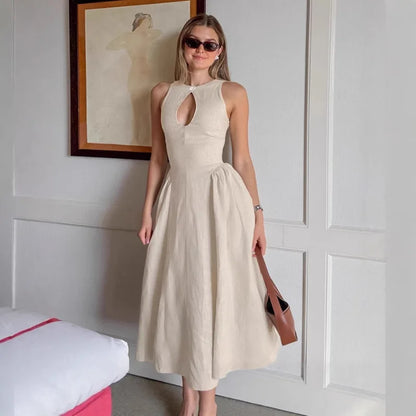 Kaki Color Cotton Linen Summer Dress Hollow out Waist Cinching round Neck Women Design Sensation Midi Skirt Dress