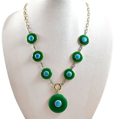 18K Gold Plated Green Onyx and Turquoise Necklace Earrings Set TT01015