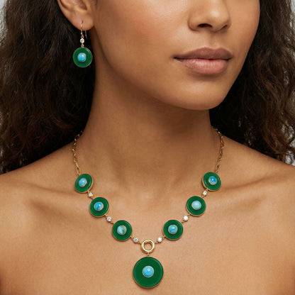 18K Gold Plated Green Onyx and Turquoise Necklace Earrings Set TT01015