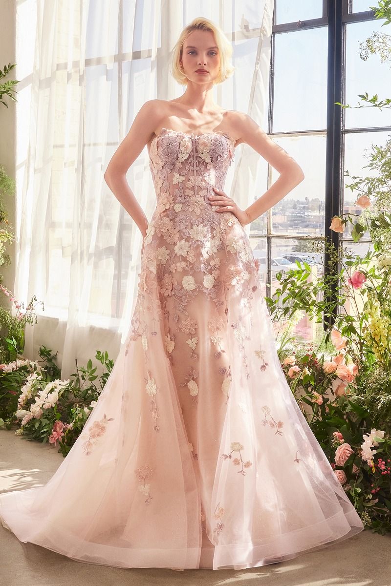 Mauve 3D Floral Embroidered Tulle Gown – Strapless Corset Prom & Garden Party Dress